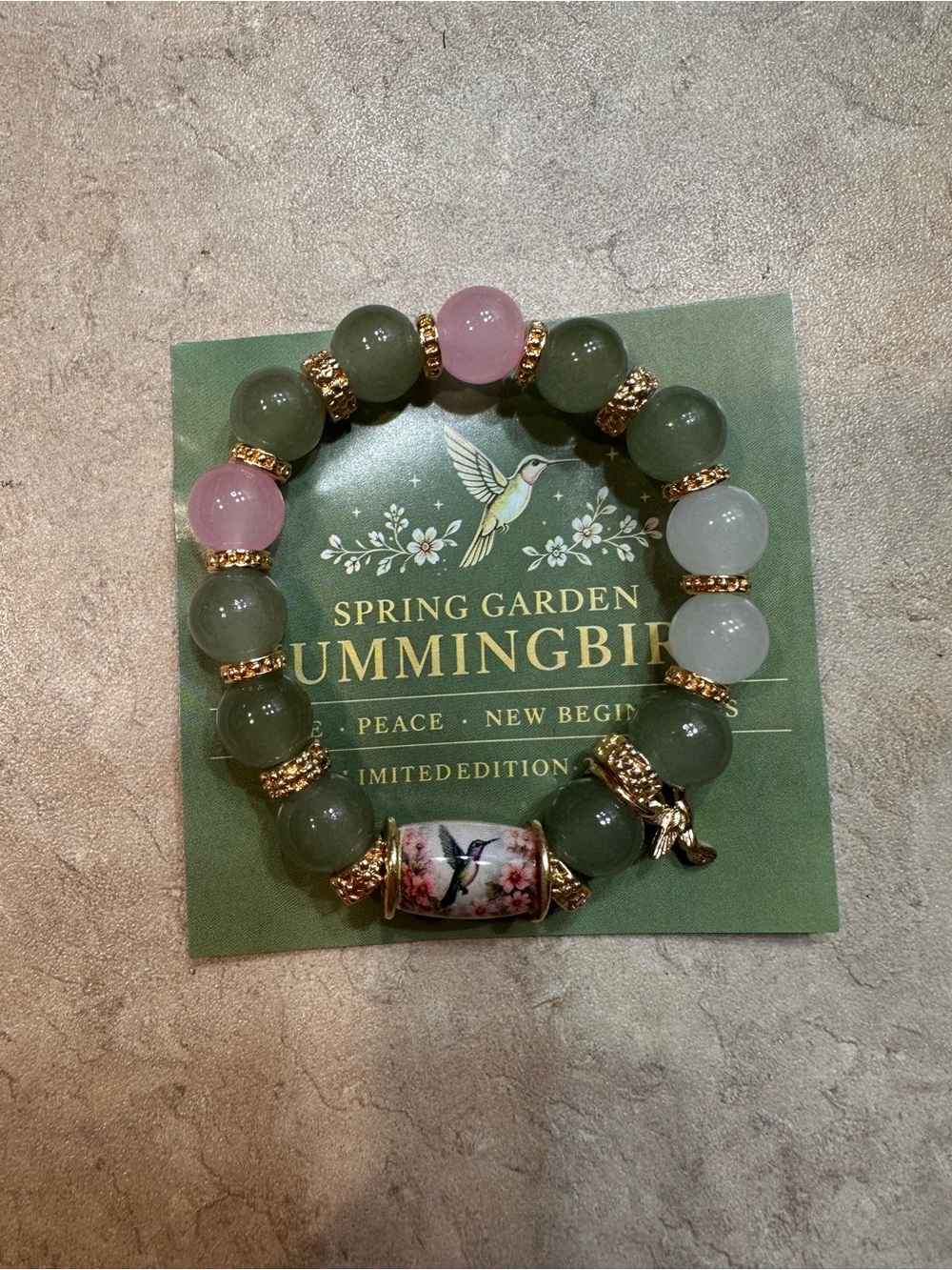 Green and Pink Beaded Hummingbird Charm Stretch Bracelet